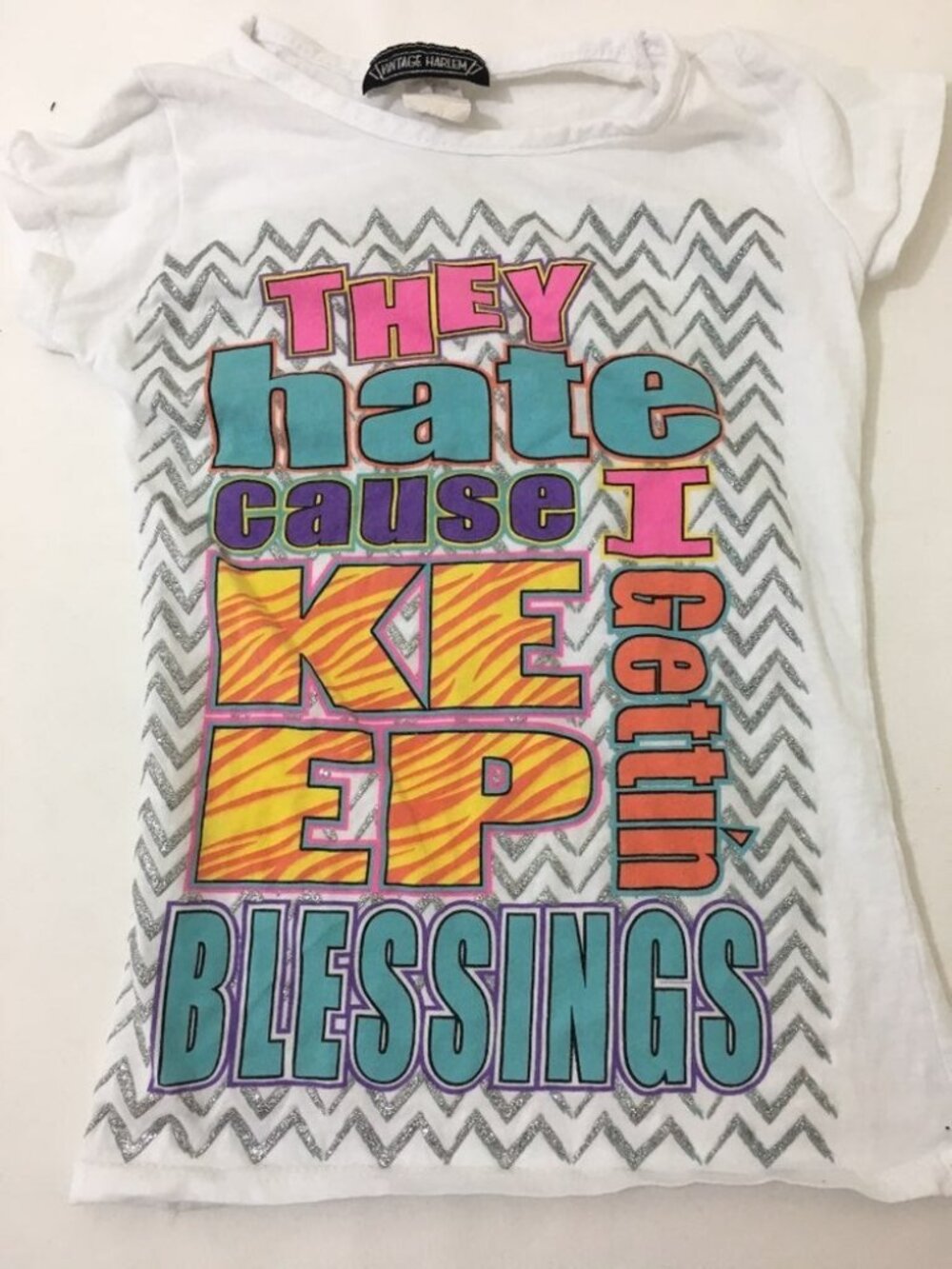 Girls Vintage Harlem Tee 7/8 They Hate Cause I Keep Getting Blessings Y2K